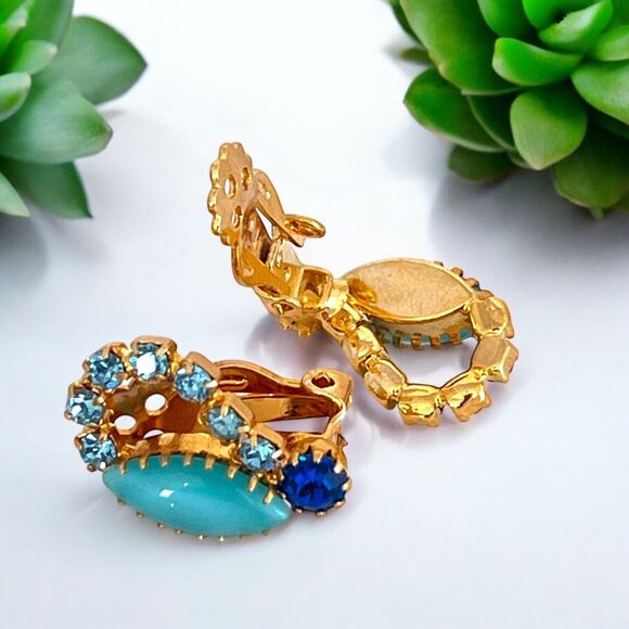 Vintage Brooch & Earrings Set Rhinestones Blue Demi-Parure MCM 9B - Picture 6 of 11